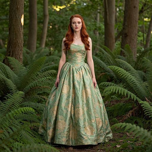 Photograph of a red-haired woman in a green, gold-embellished ball gown standing in a lush forest with ferns and tall trees.