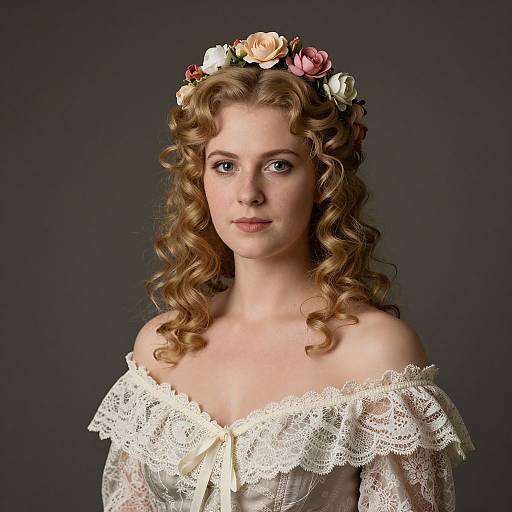 Photograph of a fair-skinned woman with curly blonde hair, wearing a lace off-shoulder top and a flower crown, set against a dark