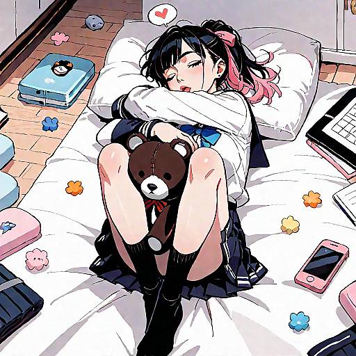 Anime-style digital drawing of a black-haired girl with pink highlights, wearing a school uniform, lying on a bed, hugging a teddy bear,