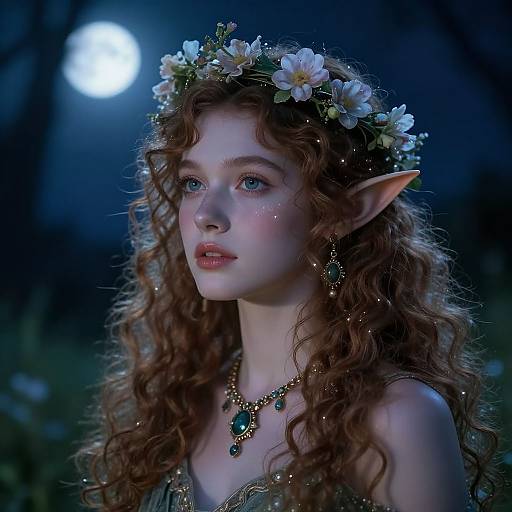 Curly-Haired Elf in Moonlit Glade
