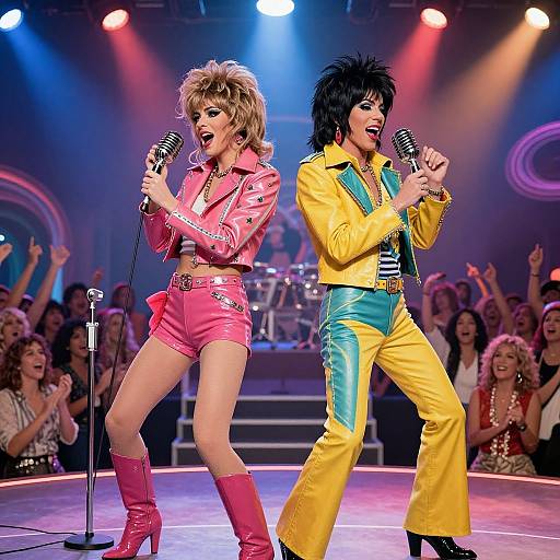 Photograph of two vibrant performers on stage, one in pink leather and shorts, the other in yellow with turquoise, singing into microphones under colorful stage