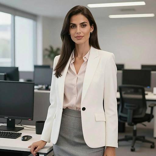 Photograph of a confident, dark-haired woman in a white blazer and pink blouse, standing in a modern office with desks and computers.