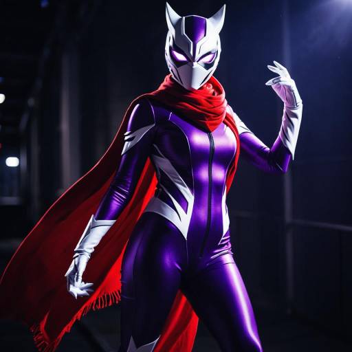 Cosplay Character in Purple Bodycon Suit with Red Scarf