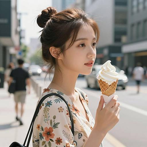 Young Woman Enjoying Ice Cream on City Street