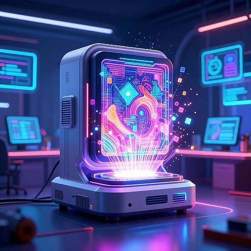 Neon-lit futuristic control panel emitting vibrant digital patterns and glowing effects in a high-tech, cyberpunk-style room with multiple monitors.