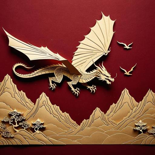 Kirigami Paper Dragon Over Mountains