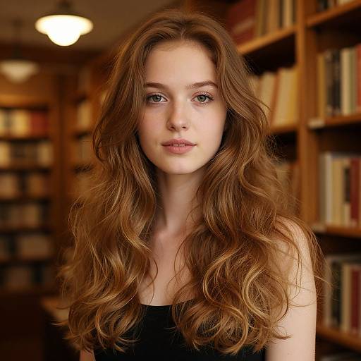 Photograph of a young woman with long, wavy brown hair, fair skin, and green eyes, wearing a black top, standing in a warmly