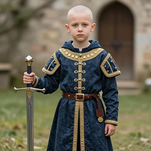 Photograph of a young, bald boy in medieval-style blue and gold armor, holding a sword, standing in front of a stone building.