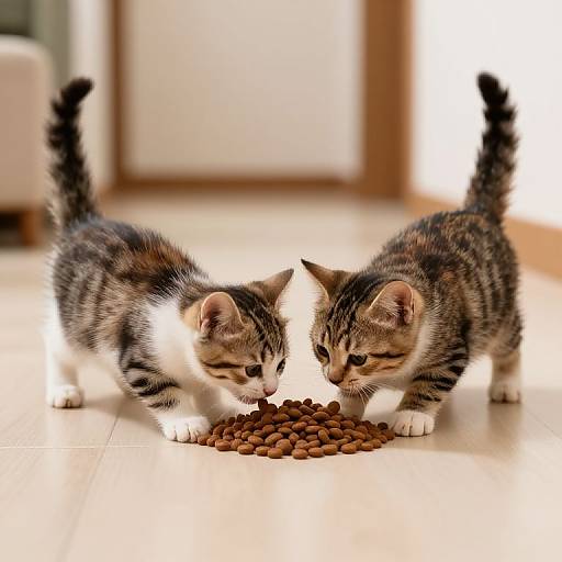 Photograph of two small tabby kittens with white bellies and black stripes, standing on a tiled floor and eating brown kibble together.