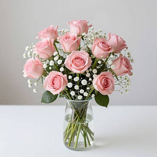 Photograph of a clear glass vase holding a bouquet of pink roses and small white baby's breath flowers against a plain white background.