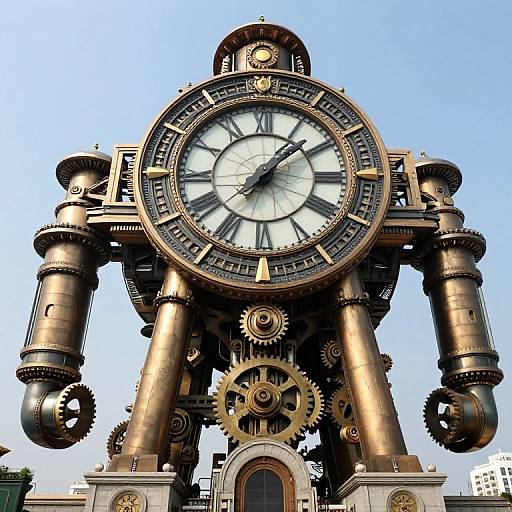 Steampunk-style clock with large brass gears, bronze columns, and a white clock face, set against a clear blue sky.