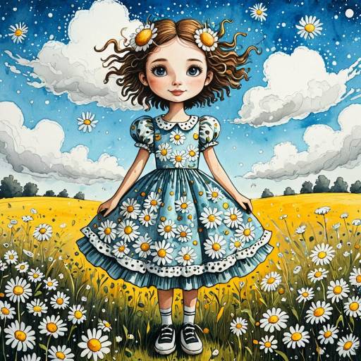 Cartoon Flower Child in Daisy Dress