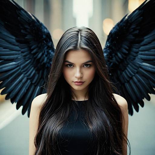 Young Woman with Giant Black Feathered Wings