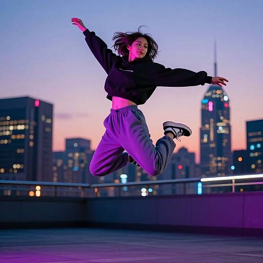 Photograph of a young woman with long dark hair, jumping mid-air in a black hoodie and gray sweatpants, against a twilight city skyline with purple