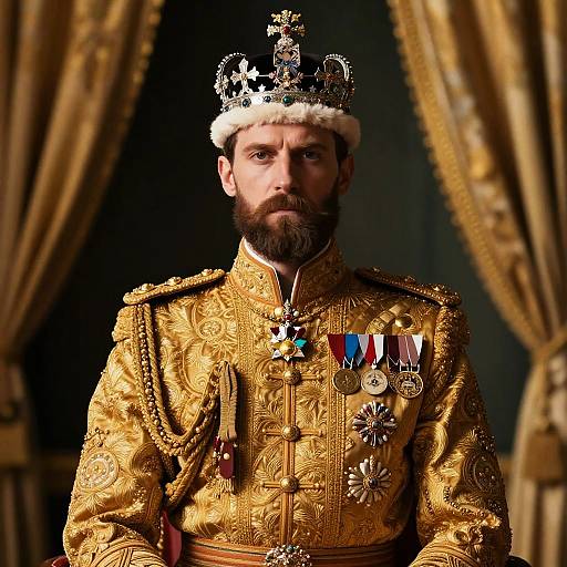 Photograph of a bearded man in elaborate gold royal uniform with ornate crown, numerous medals, standing before golden curtains.