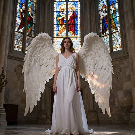 Photograph of a young woman with large white angel wings, wearing a flowing white dress, standing in front of vibrant stained glass windows in a Gothic-style
