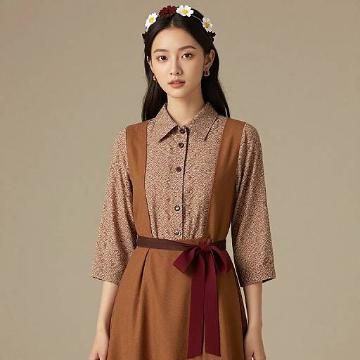 Elegant Woman in Patterned Brown Dress