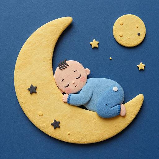 Cute, pastel-colored, digital illustration of a sleeping baby in a blue onesie on a yellow crescent moon against a dark blue background,