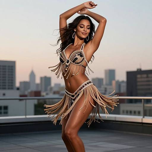 Photograph of a tan, slender woman with long brown hair, wearing a beaded, fringed belly dancer outfit, posing gracefully on a rooftop with