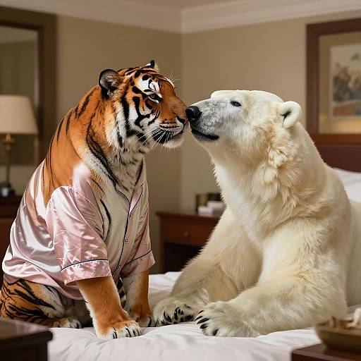 Photograph of a tiger and polar bear in a hotel room, wearing matching pink shirts, nose-to-nose on a white bed.