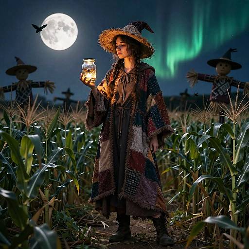 Moonlit Harvest Witch in Patchwork Cloak