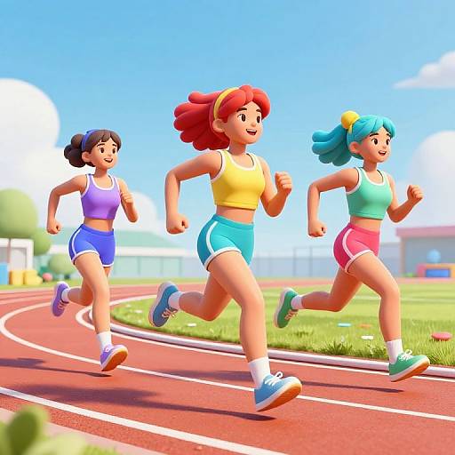 Three animated girls with colorful hair and outfits run on a sunny track, wearing sporty clothes and sneakers, with a clear blue sky background.