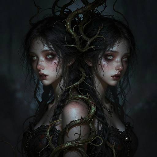 Digital fantasy artwork of a pale, ethereal twin-headed woman with dark, tangled hair, piercing blue eyes, and black lace dress, set against a