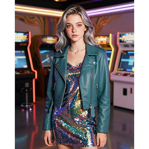 Teen Girl in Neon Arcade Elegance