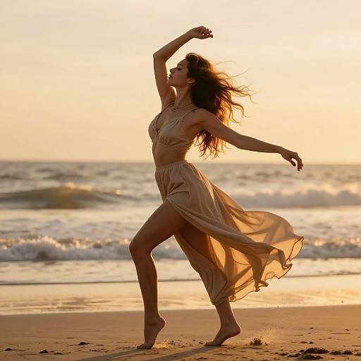 Photograph of a slender, dark-haired woman in a flowing, beige dress dancing on a beach at sunset, waves and golden light in the background.