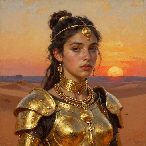 Digital painting of a young woman with dark hair in a bun, wearing golden armor and jewelry, against a desert sunset.