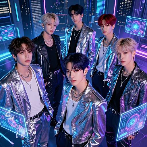 Photograph of six Asian men with short hair, wearing metallic silver jackets, black shirts, and necklaces, standing in a neon-lit futuristic city