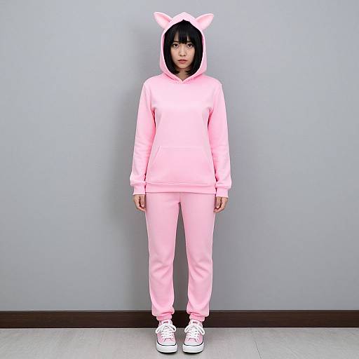 Photograph of a young person with black hair, wearing a pink cat-ear hoodie, matching pink pants, and white sneakers, standing against a plain
