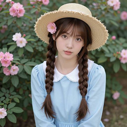 Photograph of a young Asian girl with braided brown hair, wearing a light blue dress and straw hat with a pink flower, standing in front of