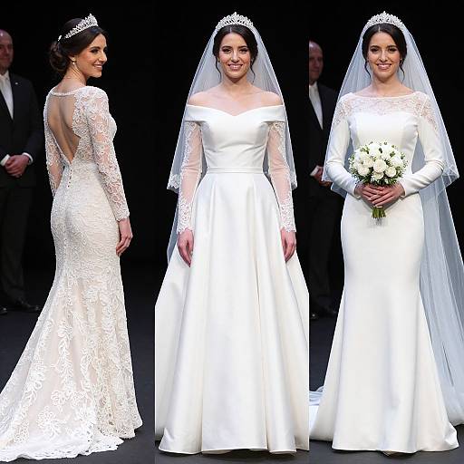Photograph of three smiling brides in white wedding dresses: lace back, off-shoulder, and long-sleeve with veils, holding bouquet