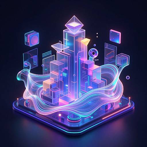 Neon digital artwork of glowing, futuristic cityscape with vibrant blue, purple, and pink lights, featuring swirling light trails and floating geometric shapes against a