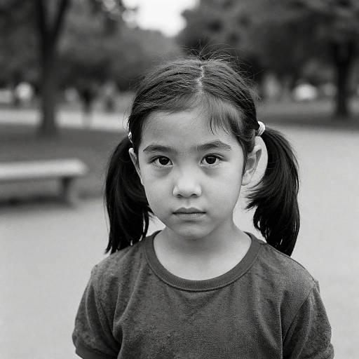 Black-and-white photograph of an Asian girl with pigtails, wearing a dark shirt, standing in a blurred park background. Serious expression.