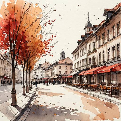 Autumn Town Square Watercolor Painting