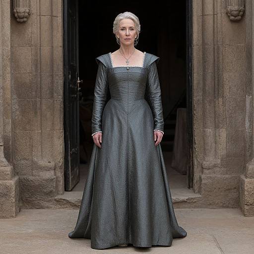 Photograph of an elderly woman with gray hair, wearing a black, long-sleeved, Renaissance-style gown, standing in a stone doorway.