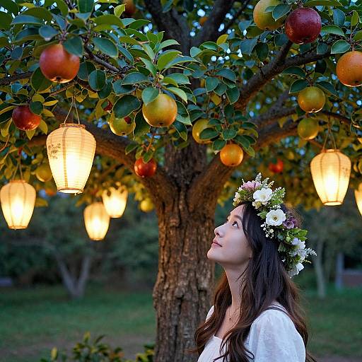 Photograph of a young woman with a flower crown, white dress, and long brown hair, gazing up at glowing lanterns and apples on a