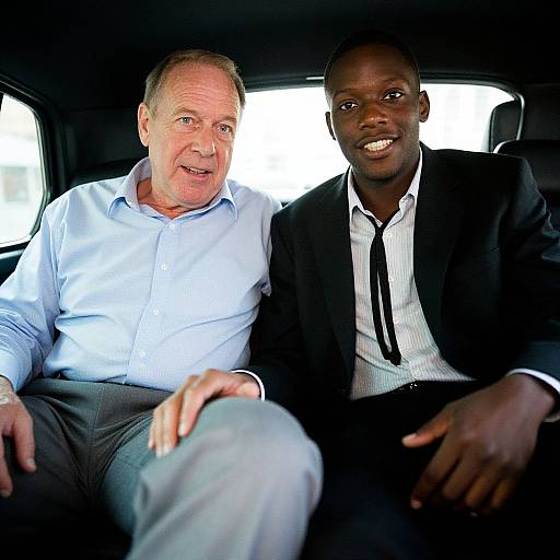 Photograph of an older white man in a light blue shirt and gray pants, sitting next to a young Black man in a black suit and white shirt