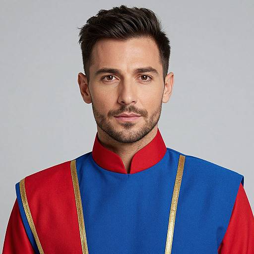 Photograph of a handsome man with short, dark hair and trimmed beard, wearing a red and blue traditional outfit with gold trim, against a plain white