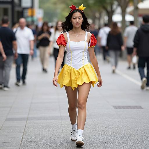 Photograph of an Asian woman with black hair, wearing a white square-neck top, red puffed sleeves, yellow skirt, white boots, and a