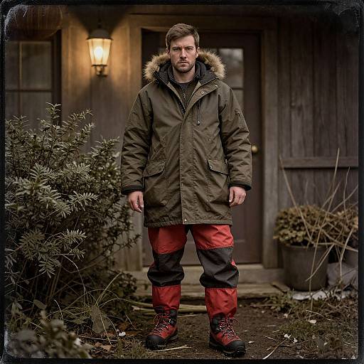 Photograph of a serious, bearded man in a dark green winter coat with fur hood, red and black pants, and red boots, standing in