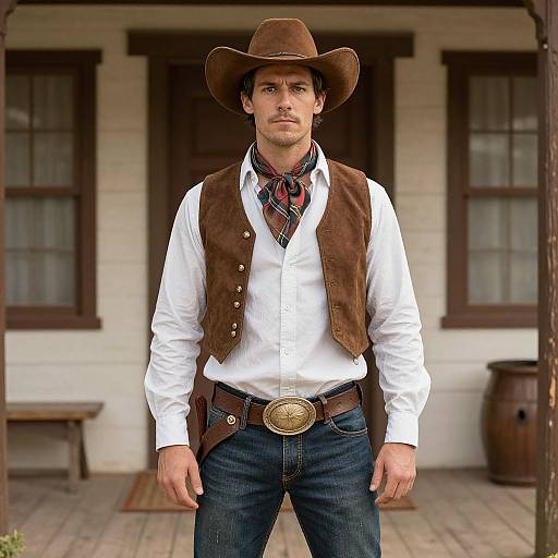 Photograph of a handsome Caucasian man in a cowboy hat, white shirt, brown vest, plaid scarf, and blue jeans, standing in front of