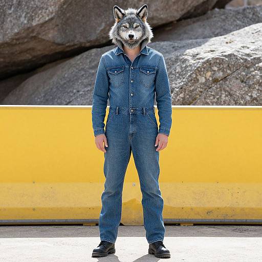 Man in Denim Jumpsuit with Wolf Hood