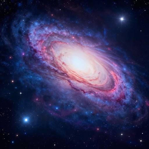 Photograph of a vibrant spiral galaxy with a bright white core, pink and blue swirls, surrounded by dark space and twinkling stars.