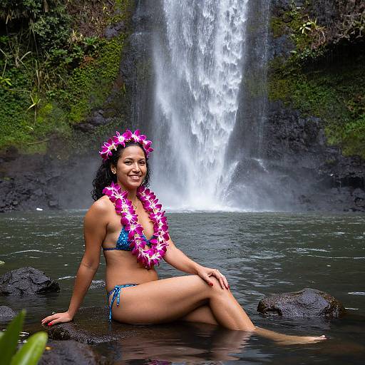 Smiling woman with black hair, wearing a blue bikini, pink flower lei, and headpiece, sits on rocks in front of a cascading waterfall