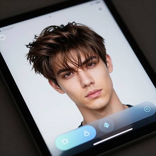 Photograph of a young man with tousled brown hair, fair skin, and blue eyes on a tablet screen, with app icons visible at the bottom