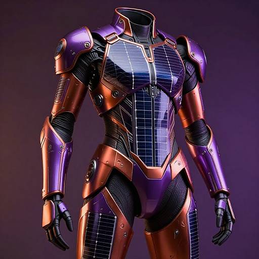 Photorealistic CGI of a futuristic, metallic humanoid robot with purple and copper armor, grid patterns, and black accents, standing against a dark purple background