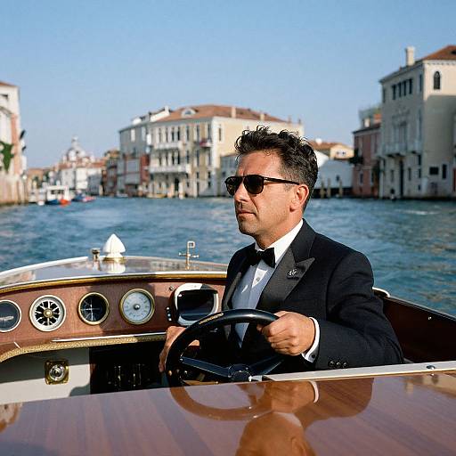 Photograph of a middle-aged man with short, dark hair, wearing black sunglasses, tuxedo, and black bow tie, steering a wooden boat